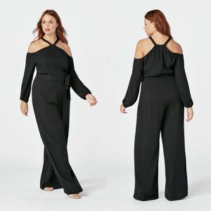 JUSTFAB Black Cold Shoulder Wide Leg Lace Belted Halter Plus Size Jumpsuit 1X